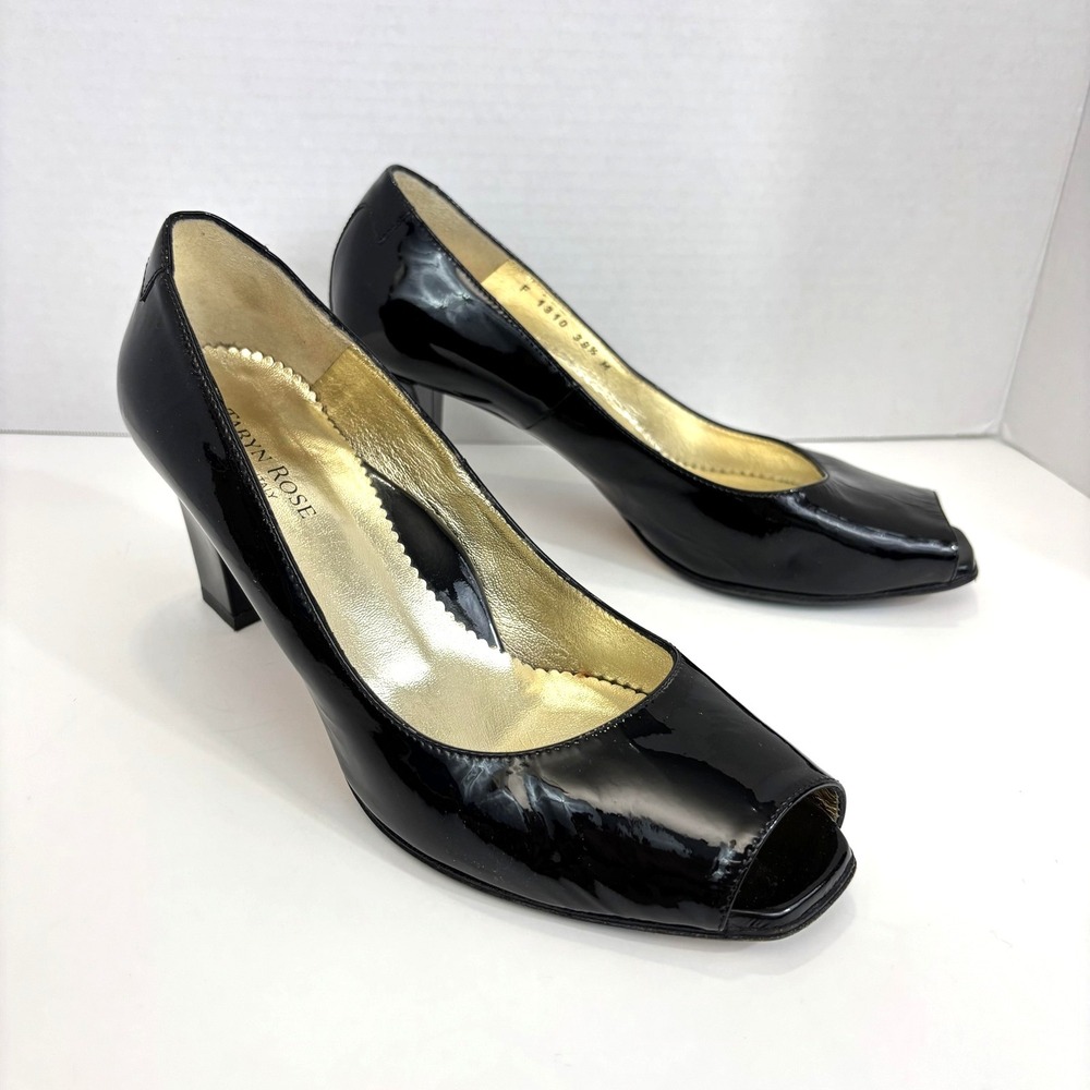 Taryn Rose Patent Leather Peep Toe Block Heel Shoes Womens‎ Size 8 Black Italy